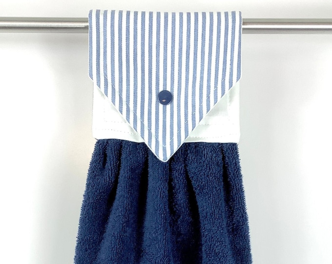 Farmhouse Hanging Kitchen Towel, Blue Stripe Nautical Hanging Hand