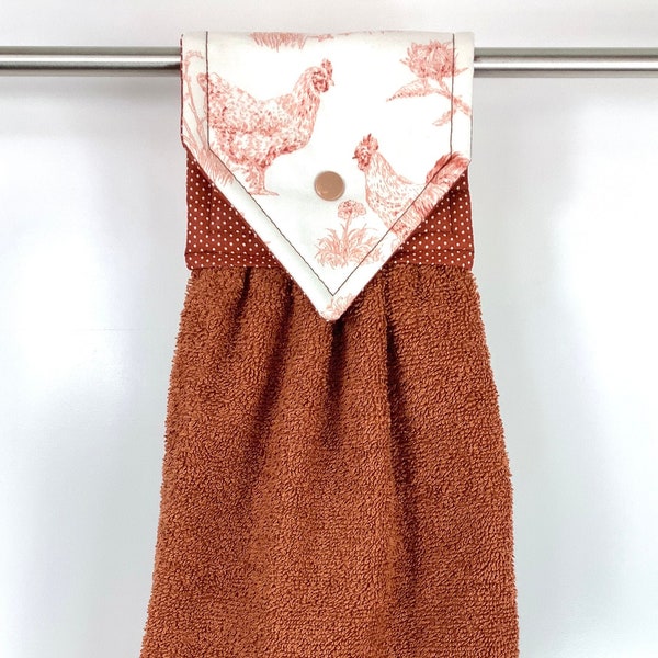 Rust Brown Rooster Hanging Hand Towel, Copper Rooster Oven Towel, Farmhouse Kitchen, French Country Decor, Rust Kitchen Towel, Rooster Decor