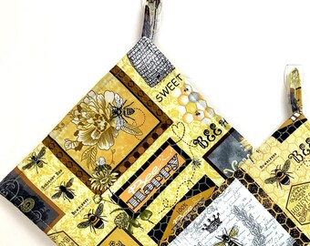 Bee Happy Potholders, Set of 2 Bee Pot Holders, Bee Kitchen Decor, Bees Potholders, Yellow Bees Hot Pads