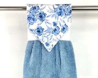 Blue Roses Hanging Hand Towel, Blue Hanging Kitchen Towel, Blue Kitchen Hanging Towel, Blue Rose Stay Put Towel, Blue and White Oven Towel