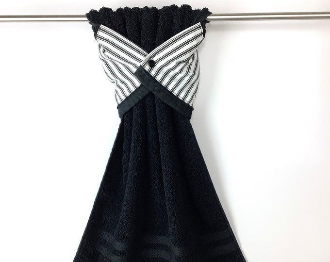 Black Ticking Hanging Hand Towel, Farmhouse Decor, Black Snap Towel