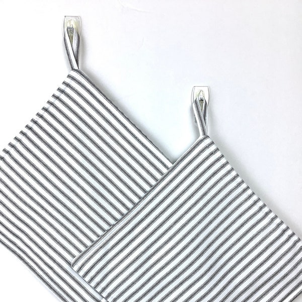 Charcoal Gray Ticking Striped Pot Holders, Set of 2 Handmade Grey Potholders, Farmhouse Kitchen Pot Holders, Dark Gray Ticking Hot Pads