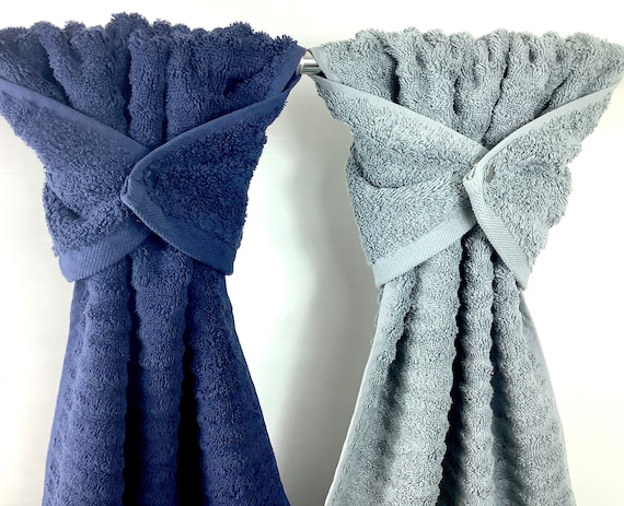 CLEARANCE! Gray or Navy Ribbed Hanging Hand Towel Wrap, Snap Towel, Gray Stay Put Hand Towel, Navy Oven Towel, Bathroom Hanging Hand Towel