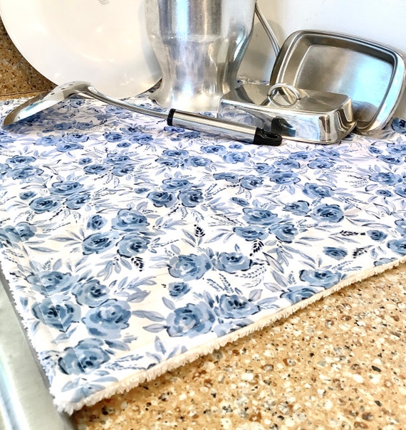 Blue Roses Dish Drying Mat, Blue White Kitchen Mat, Blue White Drying Mat,  Fabric Dish Mat, Roses Decor, Blue Counter Mat 