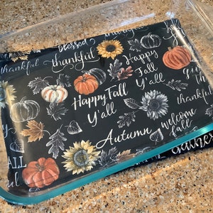 Autumn Hot Mat, Happy Fall Y&#39;all Hot Pad, Large Handmade Black Pot Holder 9&quot; x 13&quot;, Fall Harvest Fabric Trivet, Autumn Casserole Hot Pad