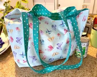 Butterflies Reusable, Washable Shopping Bag, Handmade Market Bag, Butterflies Grocery Bag, Washable Grocery Bag, Cotton Shopping Bag