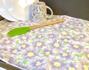 Cottagecore Dish Mat: Periwinkle Flowers, Sage Green