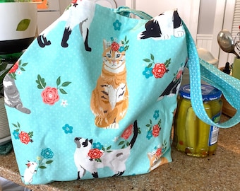 Shopping Bags, Cats Reusable, Washable, Cat Grocery Bag, Kitty Market Bag, Cat Gift, Reusable Shopping Bag, Cat Themed Bag, Gift for Mom