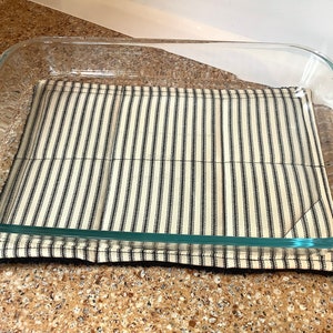 Black and Ecru Ticking Hot Mat, Ticking Kitchen Hot Mat, Striped Hot Pad, Large Handmade Pot Holder, 9" x 13" Fabric Trivet, Black Ticking