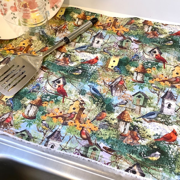 Dish Drying Mat, Birds Handmade Fabric Dish Mat, Birds and Birdhouses Drying Pad for Dishes, Birds Kitchen Mat, Garden Birds Counter Mat