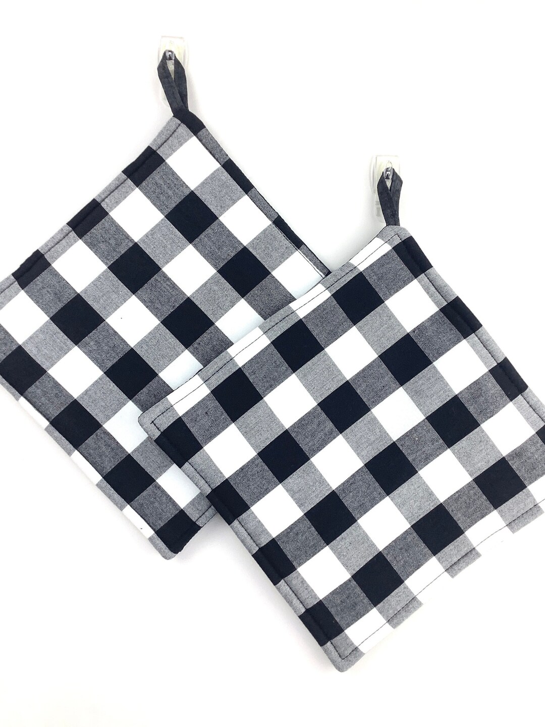 Buffalo Plaid Pot Holders, Set of 2 Black White Check Potholders, Black