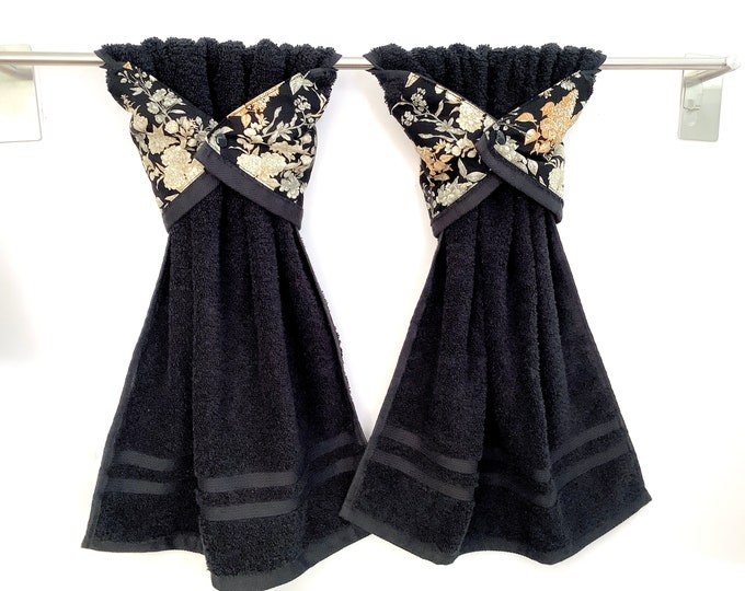 Black Hanging Snap Towels, Set of 2 Black and Gold Hand Towels, Black