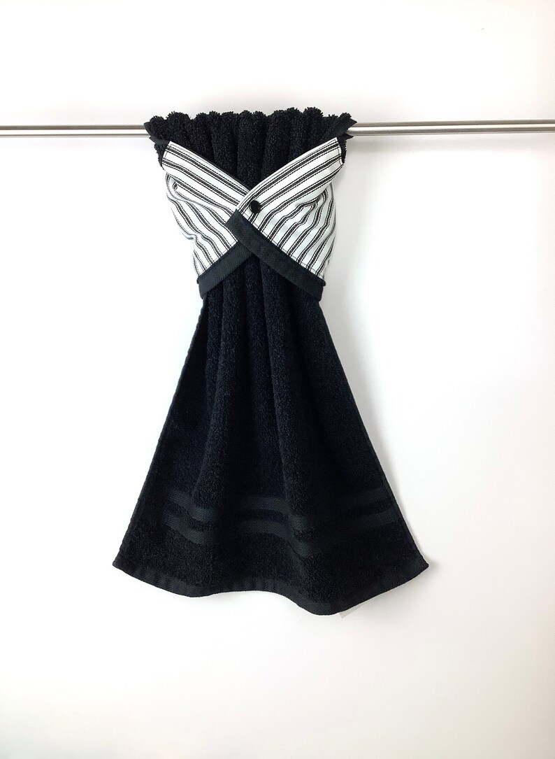 Black Ticking Hanging Hand Towel Farmhouse Decor Black Snap Etsy