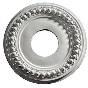 May include: A white, circular ceiling medallion with a central hole. The medallion features a detailed, raised design of small, connected spheres around the inner and outer edges, creating a decorative border. The overall style is classic and ornate.