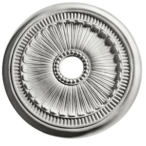 May include: White ceiling medallion with a decorative floral design. The medallion has a raised center with a circular opening and a beaded border.