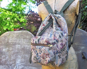 vintage backpack, vintage drawstring rucksack, floral green duffle bag, vintage duffle bag, floral backpack