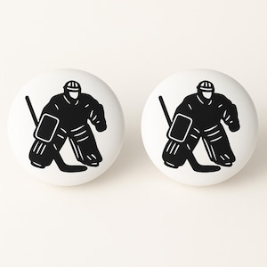 Pair 1.5” Hockey Goalie Drawer Knobs | White Ceramic Cabinet Pulls | Sports-Themed Dresser Hardware