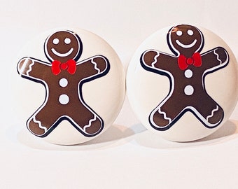 Pair 1.5”  Gingerbread Man drawer knobs Pulls white ceramic