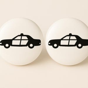 Pair of 1.5” Police Car Cabinet Knobs – White Ceramic Drawer Pulls – Black, Blue, or White Patrol Car Design