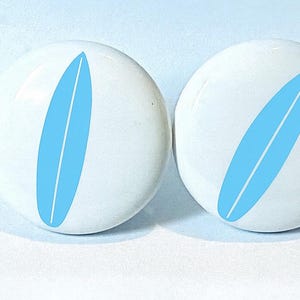 Surfboard Drawer Knob – 1.5” White Ceramic Pull – Coastal Decor – Multiple Decal Colors Available