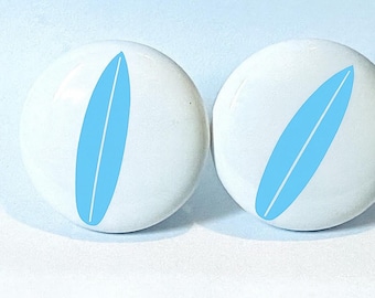 Surfboard Drawer Knob – 1.5” White Ceramic Pull – Coastal Decor – Multiple Decal Colors Available