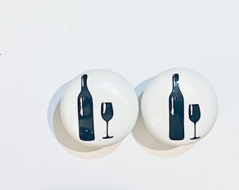 Pair Wine bottle and glass cabinet knobs Pulls White ceramic 1.5". Excellent quality.