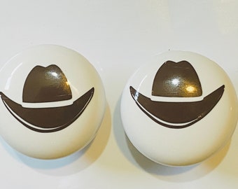 Pair of 1.5” White Ceramic Cowboy Hat Drawer Knobs – Western Cabinet Pulls, Rustic Farmhouse Decor, Kids Room Hardware