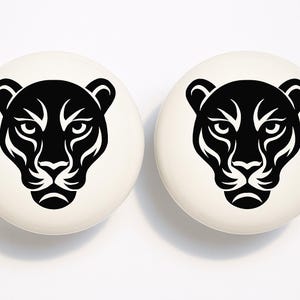Pair of 1.5” Black Panther Drawer Knobs – White Ceramic Animal Pulls – Big Cat Dresser or Cabinet Hardware
