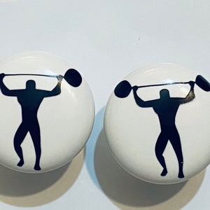 Pair of 1.5” Strongman Circus Drawer Knobs – White Ceramic Pulls – Vintage Carnival Cabinet Hardware