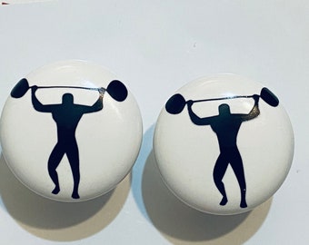 Pair 1.5”  Strong Man Circus drawer knobs Pulls white ceramic