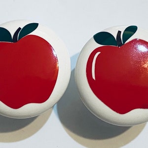 Pair 1.5” Apple Drawer Knobs – White Ceramic Pulls for Kitchen or Teacher Gift