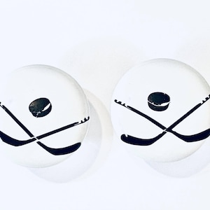 Pair 1.5” Hockey Sticks & Puck Drawer Knobs – White Ceramic Sports Pulls