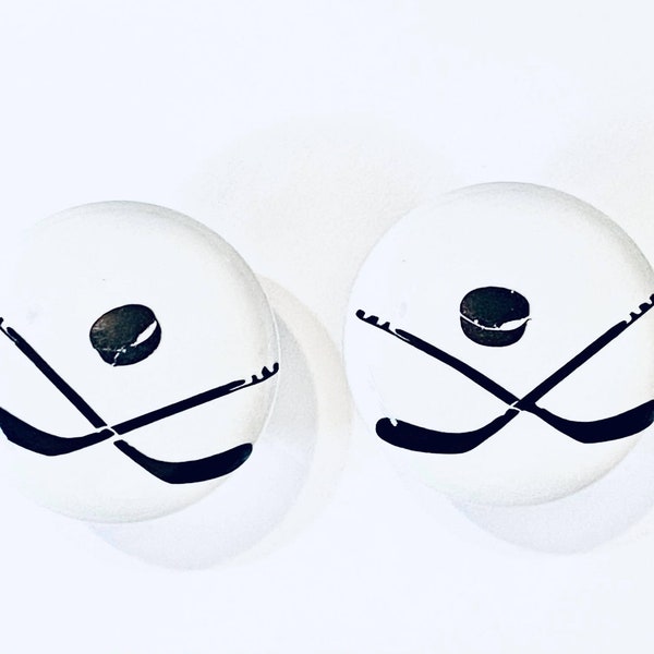 Pair 1.5” Hockey Sticks & Puck Drawer Knobs – White Ceramic Sports Pulls