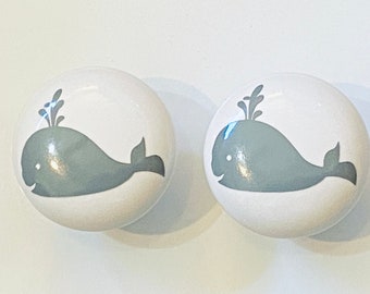 Pair 1.5”  Whale drawer knobs Pulls white ceramic