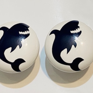 Pair of 1.5” Shark Ceramic Drawer Knobs – Ocean Theme Cabinet Pulls for Kids&#39; Room or Nursery
