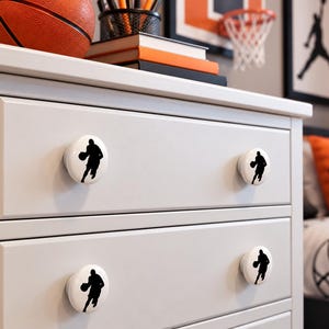 Pair 1.5” Basketball Player Drawer Knobs – White Ceramic Cabinet Pulls – Custom Sports Décor