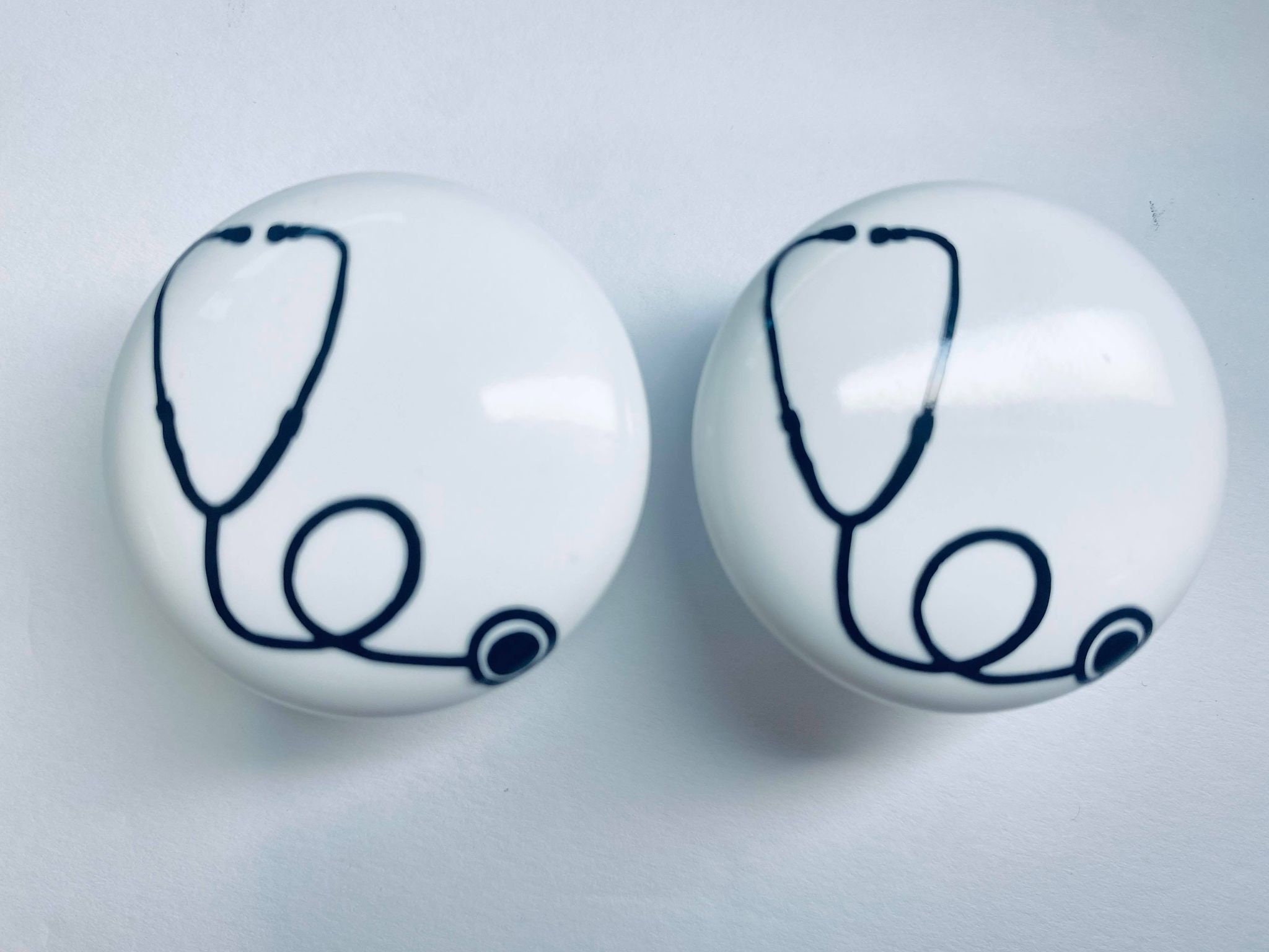 Pair 1.5” Stethoscope nurse doctor drawer knobs pulls white ceramic