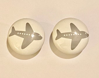 Pair 1.5” Airplane drawer knobs pulls white ceramic plane