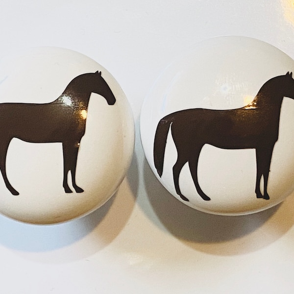 Pair 1.5” Horse drawer knobs pulls white ceramic