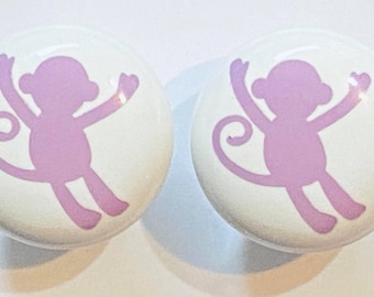 Pair 1.5” Monkey Drawer Knobs – White Ceramic Pulls for Jungle Nursery or Animal-Themed Decor