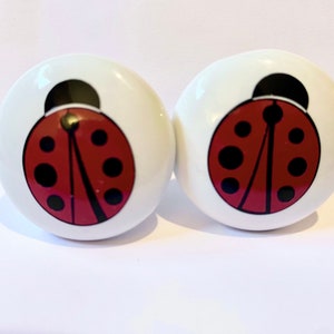 1.5” Pair Ladybug drawer knobs Pulls white ceramic boarding bugs