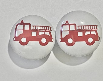 Pair 1.5” Fire Truck Fireman emergency vehicle drawer knobs pulls white ceramic