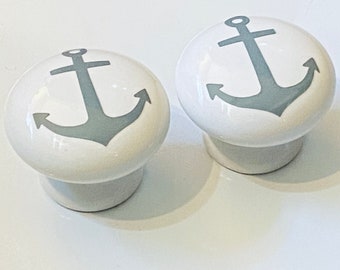 Pair 1.5” Lake House Drawer Knobs – White Ceramic Pulls with Anchor, Compass, Ship Wheel, or Lighthouse Design