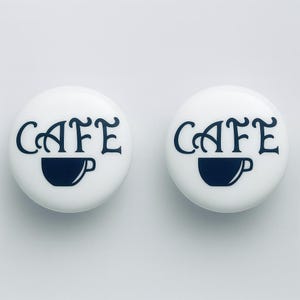 Pair 1.5” Café Coffee Themed Cabinet or Drawer Knobs – White Ceramic Pulls