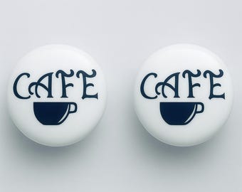 Pair 1.5” Café Coffee Themed Cabinet or Drawer Knobs – White Ceramic Pulls