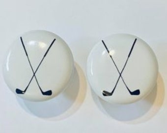 Pair 1.5”  Golf Clubs Golfer drawer knobs Pulls white ceramic