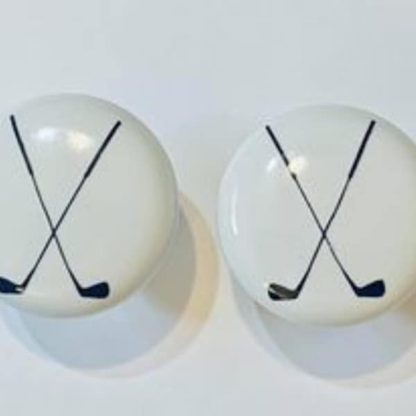 Pair 1.5”  Golf Clubs Golfer drawer knobs Pulls white ceramic