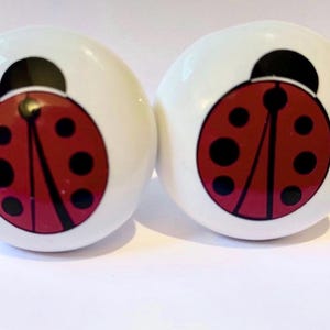 1.5” Ladybug Drawer Knobs – Pair of White Ceramic Cabinet Pulls – Bug Nursery Decor