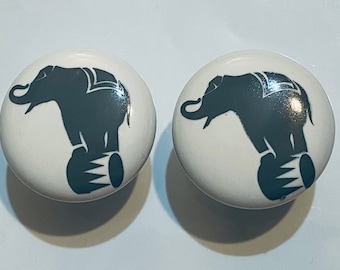 Pair 1.5” Circus Elephant Ceramic Drawer Knobs – White Ceramic Pulls