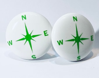 Compass Ceramic Drawer Pulls – Set of 2 White 1.5” Knobs | Nautical Cabinet Hardware | Coastal or Adventure Decor
